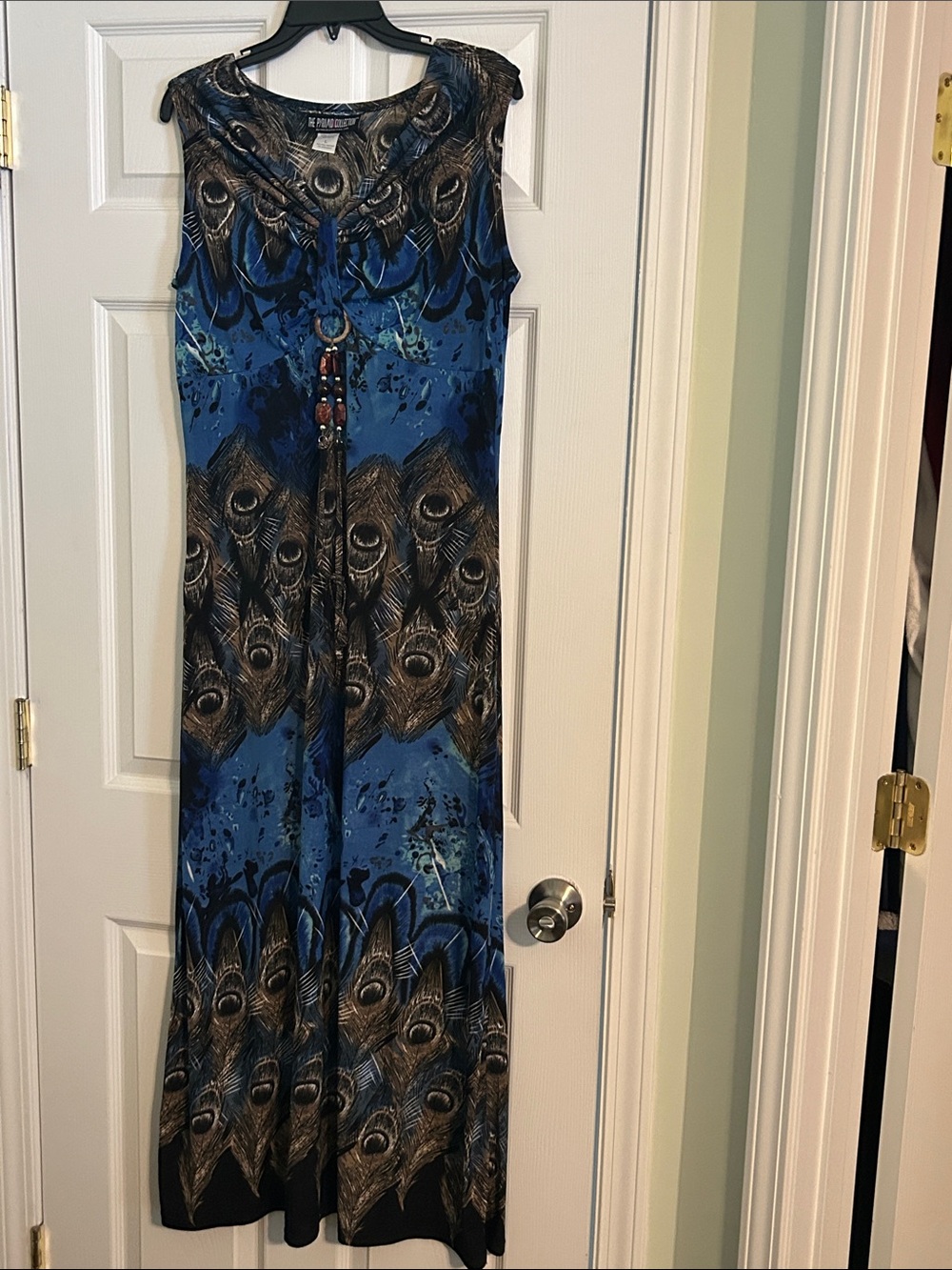 The Pyramid Collection Blue and Brown Peacock-Print Sleeveless Maxi Jumpsuit